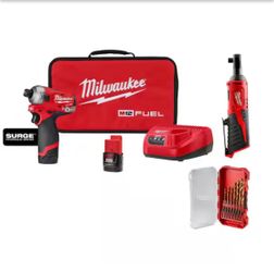 M12 FUEL SURGE 12V 1/4 in. Hex Impact Kit w/ (2) 2. 0Ah Batteries, Bag with M12 3/8 in. Ratchet with 15-Pc Set
