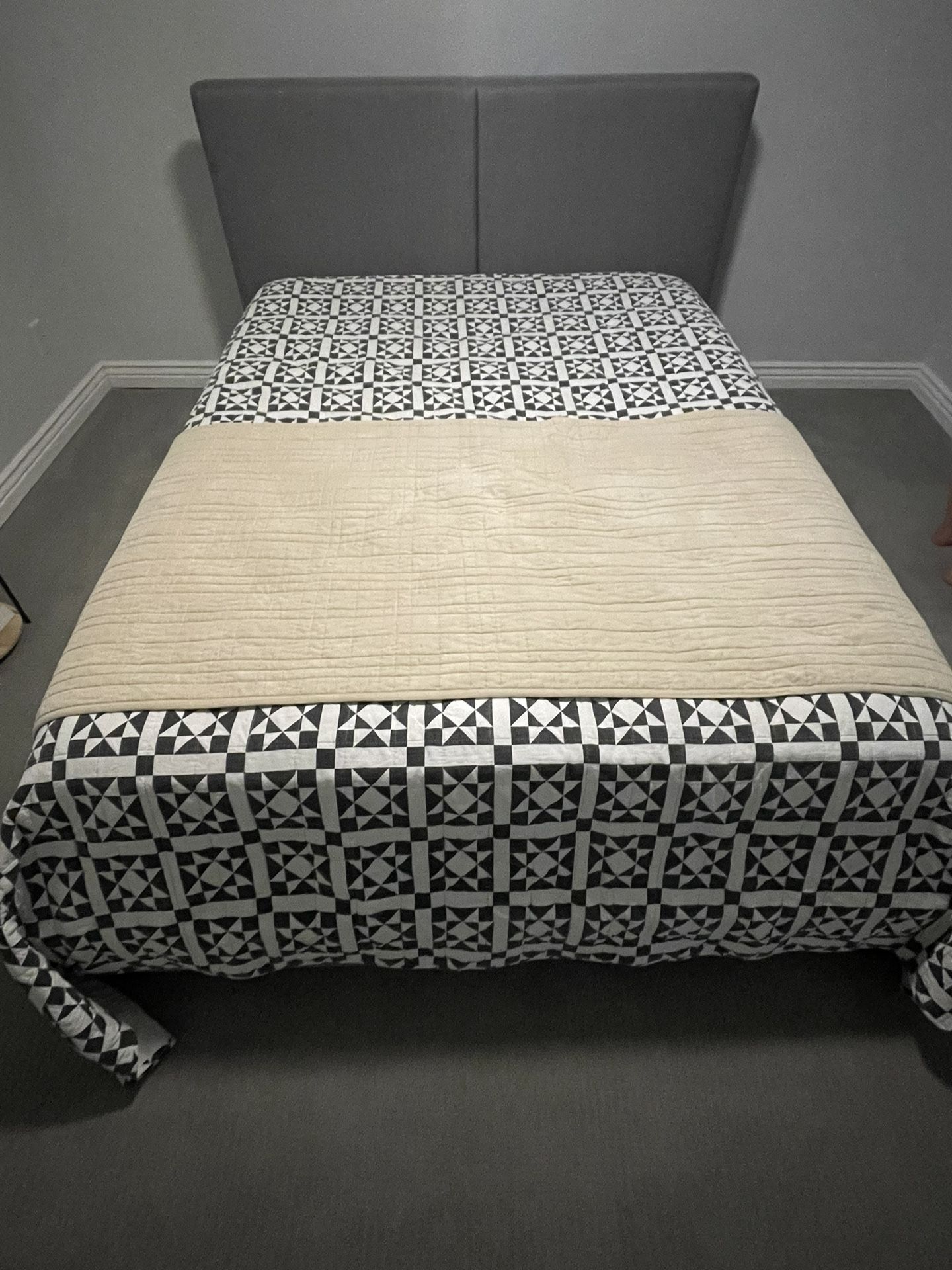 Grey Living Spaces Padded Fabric Queen Bed Frame