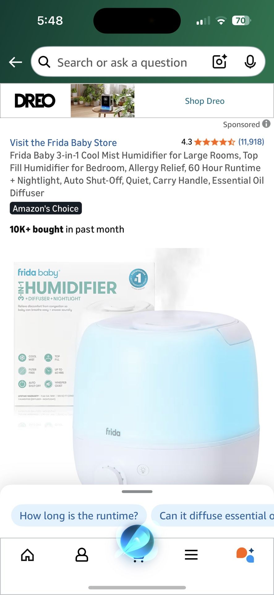 Frida Baby 3-in-1 Cool Mist Humidifier for Large Rooms, Top Fill Humidifier for Bedroom, Allergy Relief, 60 Hour Runtime + Nightlight, Auto Shut-Off,