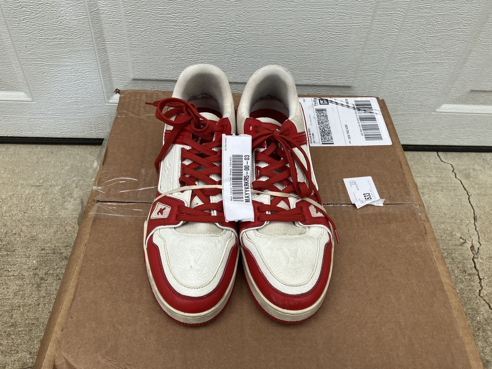 Louis Vuitton LV Trainer Sneaker Red White Leather Low Top Us Size 8 COA