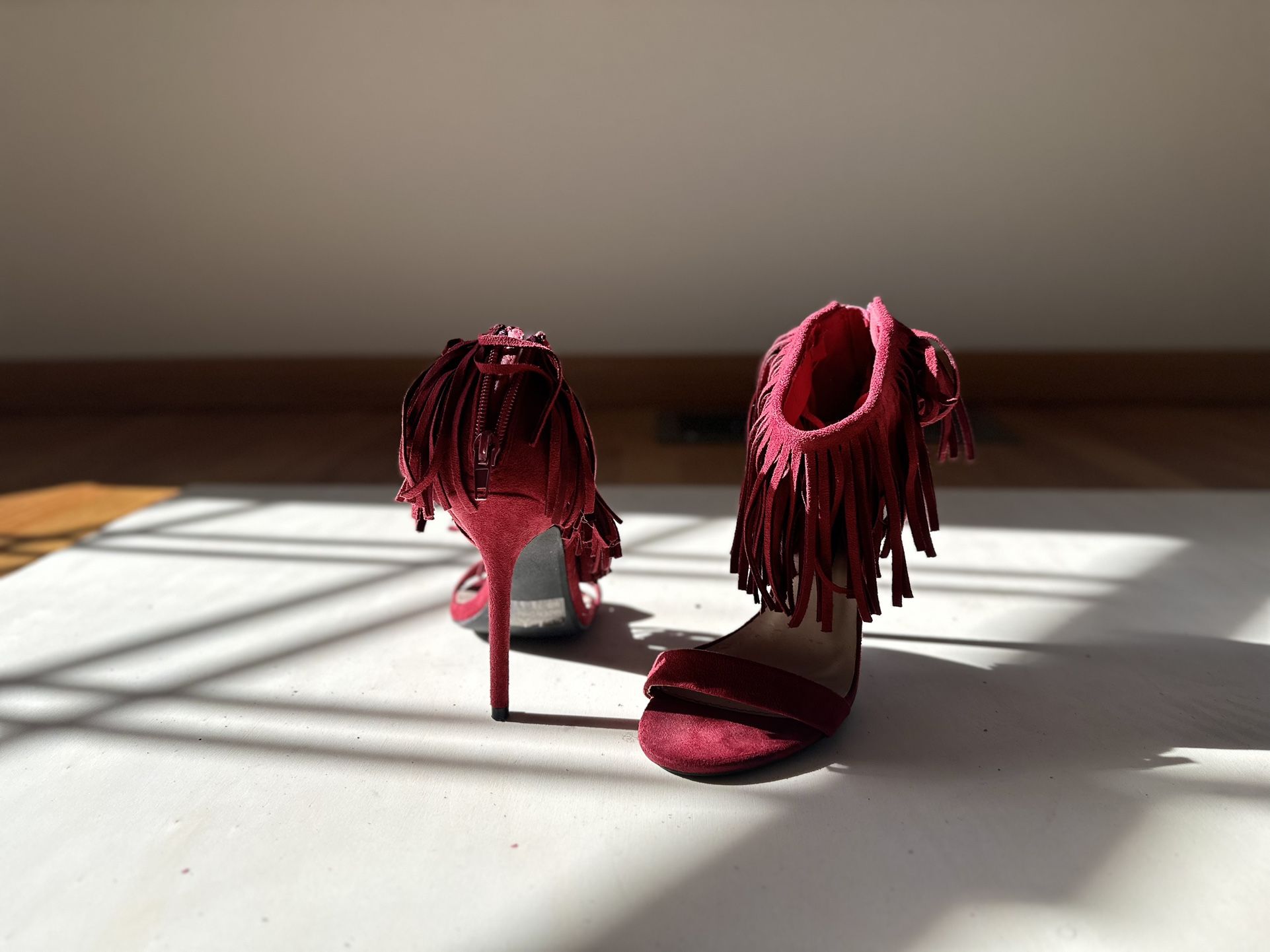 Red Fringe Open Toe Heels - Women’s Size 5