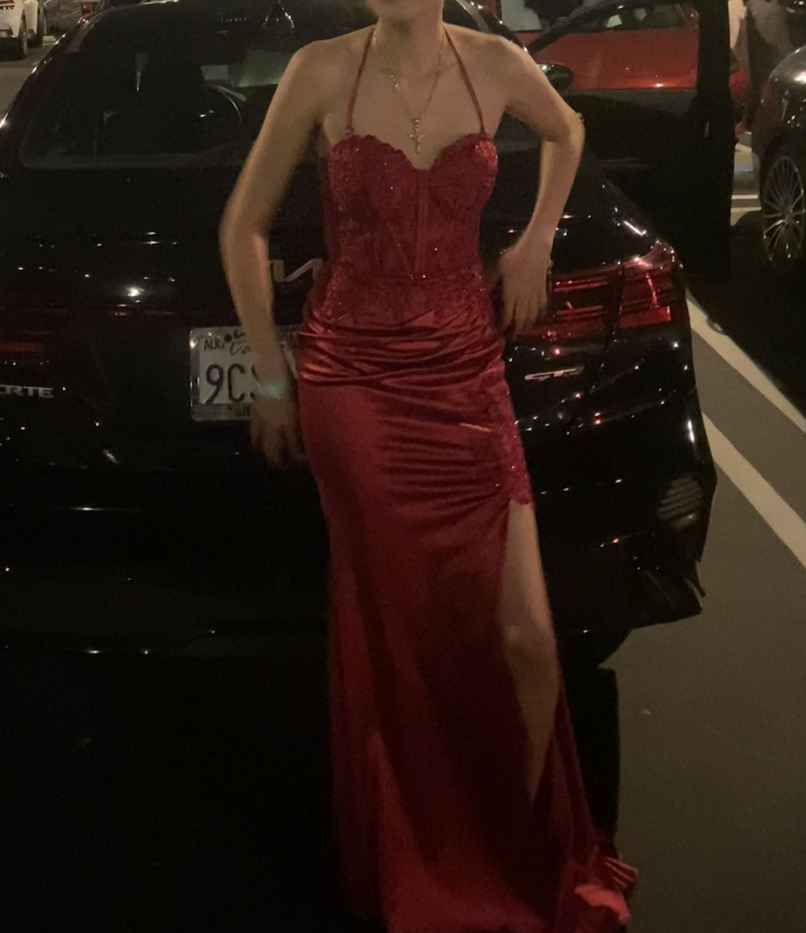 PROM DRESS RED HALTER/STRAPLESS WITH FLOWERS AND SEQUINS DETAILS IN DESCRIPTION!