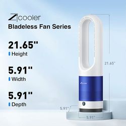 Zicooler Bladeless Fan for Bedroom, 22" Quiet Oscillating Tower Fan with 8 Speeds, 90° Wide-Angle, 35dB Quiet, 9H Timer, LED Display, Compact Bladeles