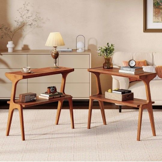 Set of 2 Solid Wood End Table, 2-Tier Side Table with Storage Shelf, Wooden Modern Accent Slim Bedside Table for Sofa, Living Room, Bedroom, Small Spa