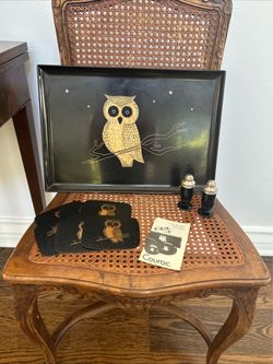 Couroc Owl Tray Set with Coasters and Salt & Pepper Shakers