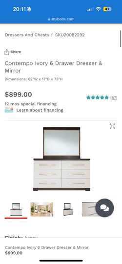 Contempo Ivory 6 Drawer Dresser & Mirror
