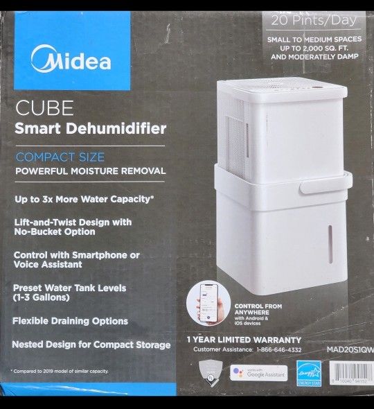 Midea Cube 20 Pint Dehumidifier for Basement and Rooms at Home for up to 2000 Sq. Ft., Smart Control