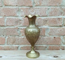 Vintage Brass Etched Scalloped Rim Vase