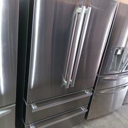 Counter Depth 🛑 SHARP 4 Door Refrigerator Stainless Steel Everything Works Good Ice Maker On The Bottom 🛑