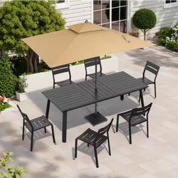 Set 6 chairs and Patio Table with Umbrella Hole 83" Aluminum Outdoor Dining Table All Weather Outside Table