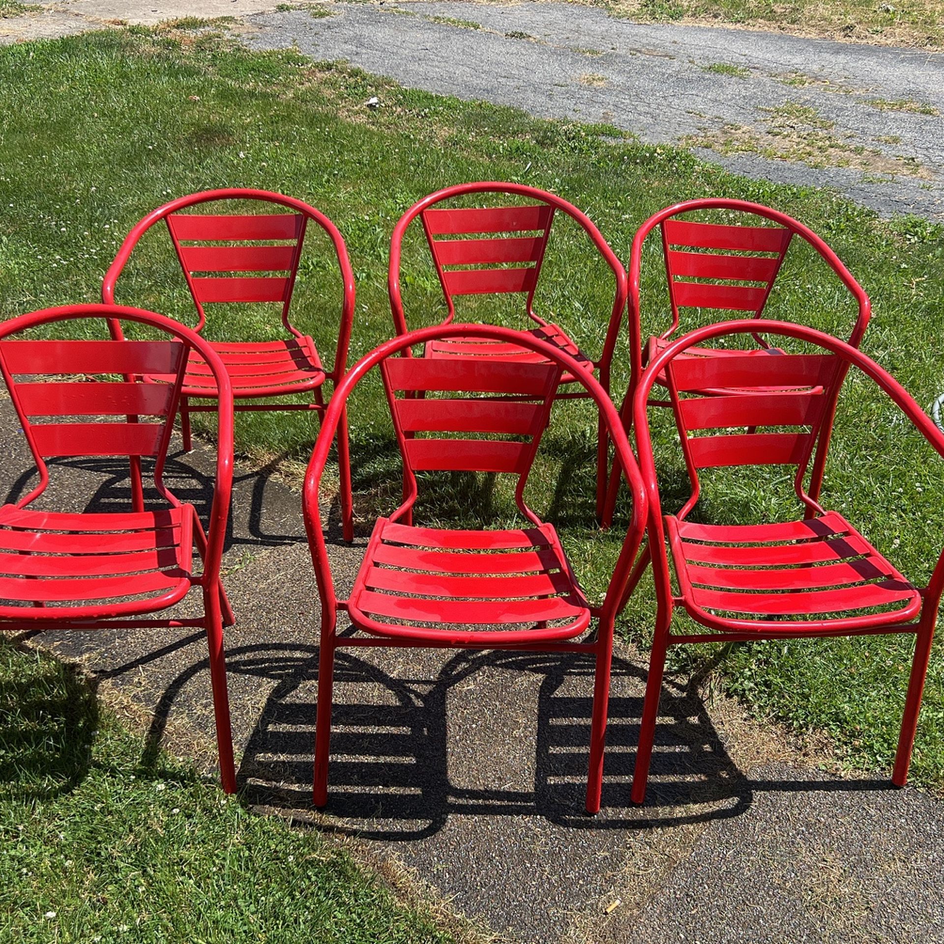 8 Red All Metal Chairs patio chairs, outdoor chairs