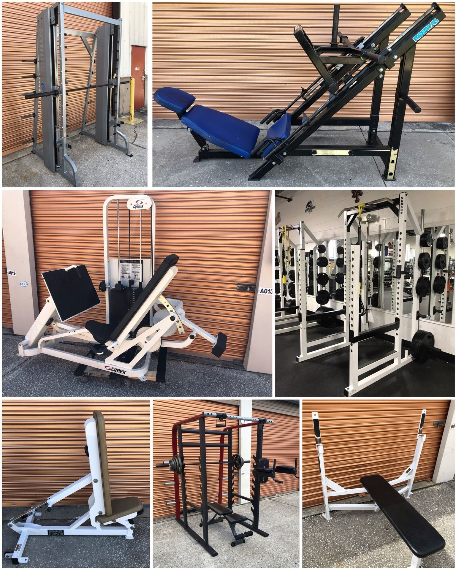 Leg Press, Hack Squat, Smith Machines, Squat Racks, Weight Benches Olympic Bars etc