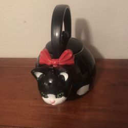 VINTAGE (1995) VIA ANCONA Whistling BLACK CAT TEA KETTLE W/ BELL & Red Bow