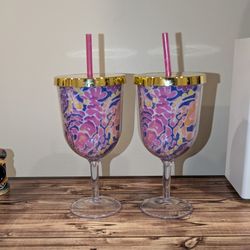 Lilly Pulitzer Set Of Two Plastic Wine Cups With Straws