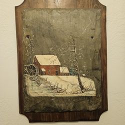 Folk Art Painting On Slate Mounted On A solid Wood Plaque Signed B. Foster