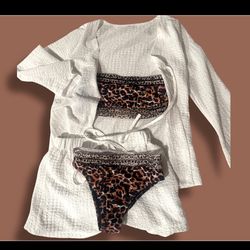 3 piece set. Size small cheetah bikini with 2 piece white beach cover up