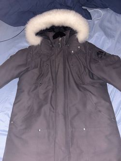 Moose Knuckles Grey Parka with White Fur Hood