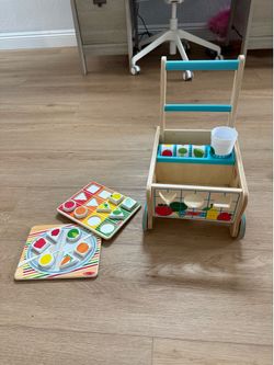 Melissa & Doug Wooden Shape Sorting Grocery Cart - Toddler Toys with 12 Blocks, Puzzle Board