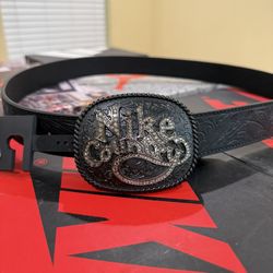 NEW Nike Country Rhinestone Plaque Buckle Leather Belt Black Size Large