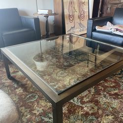 43" x 43", Harry Lunstead 1970’s MCM design, glass top metal frame