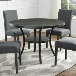 Brand New 5pc Gray Finish Dining Set With Charcoal Gray Linen Nail Studded Chairs 