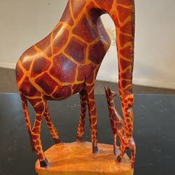 Hand Carved Wooden Giraffe Figure Mom And Baby Made in Kenya 12 inches tall