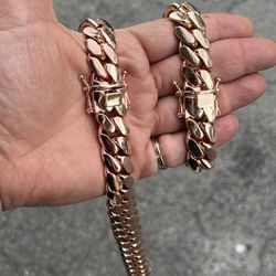Handmade Polished Miami Cuban Links necklace Set 14k 5X Premium Rose Gold Plated