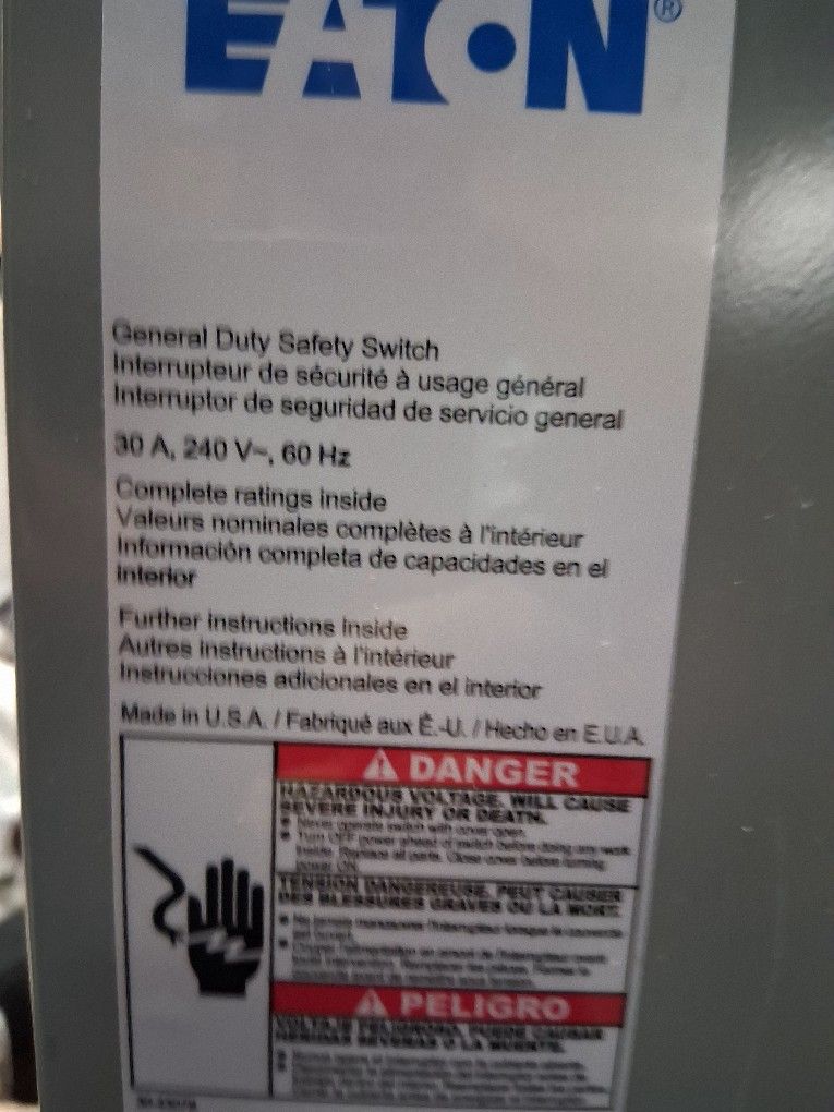 Eaton 30amp 240v Single Phase Disconnect