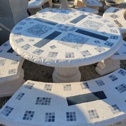 Concrete Mosaic Picnic Table with 3 Benches/ Outdoor Patio Furniture