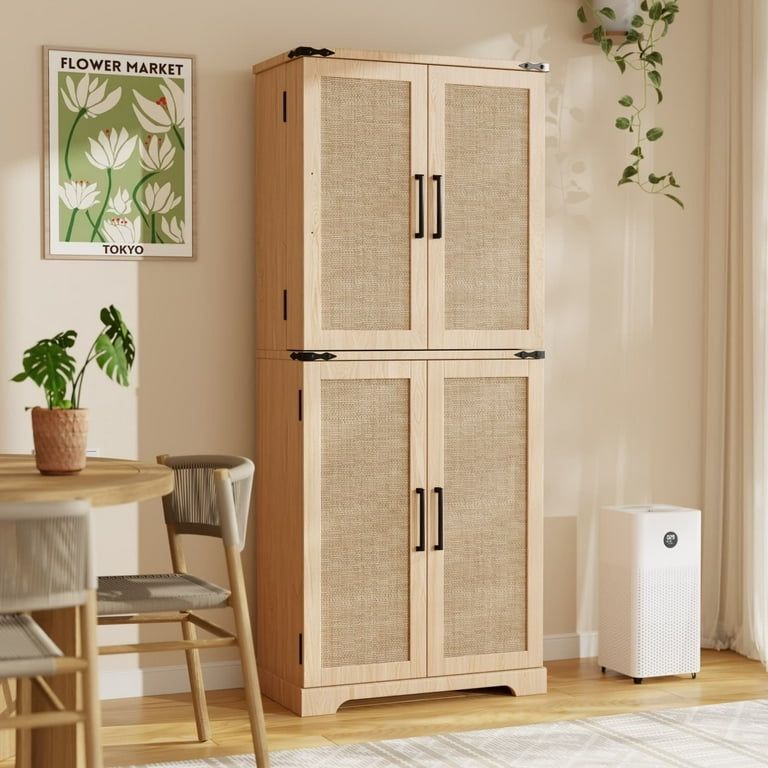 72" Kitchen Pantry Cabinets, Tall Farmhouse Storage Cabinet with Barn Door, Drawer and Adjustable Shelves, Rustic Wood Cupboard for Kitchen