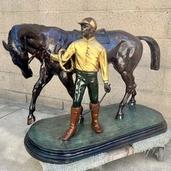 Vintage Bronze Statue • Huge Jockey & Racing Horse 40”x 29”
