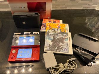 Nintendo 3DS Red Bundle w/ Original Box, Dock, OEM Charger & 4 Games