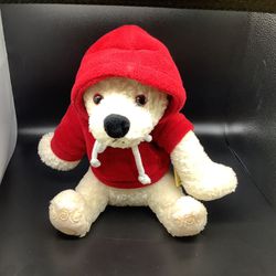 Dept 56 Teddy Bear White Plush 8in Sitting 2003 Red Velour Hoodie Christmas Pin