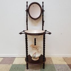 Vintage Cherry Washstand With Swivel Mirror - Pitcher and Bowl