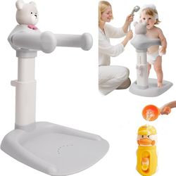 New In Box 2 in 1 Adjustable Baby Shower Stand with Bear Design and Toy Duck, Portable Bath Support with Non-Slip Base, White, Baby Bathing Station (G