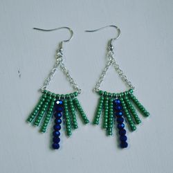 Handmade silver Plated green seed bead and royal blue chandelier chain earring