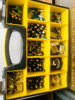 Assorted organizer with RG6 , RG59 , diplexers and splitters, connectors, etc. ATTENTION CABLE INSTALLERS.
