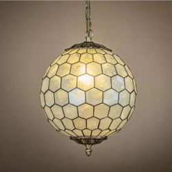 (New in Box) 
1-Light 12 in. Vintage Mid Century Natural Capiz Shell Chandelier Antique Brass French Country Globe Lantern Pendant /A11-CH-4527