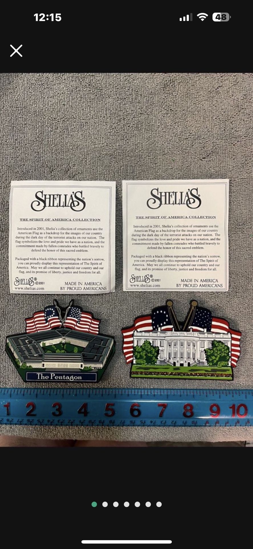 CA. WOOD ORNAMENTS . PENTAGON & AMERICA THE BEAUTIFUL WITH FLAGS. $12.00 EACH.