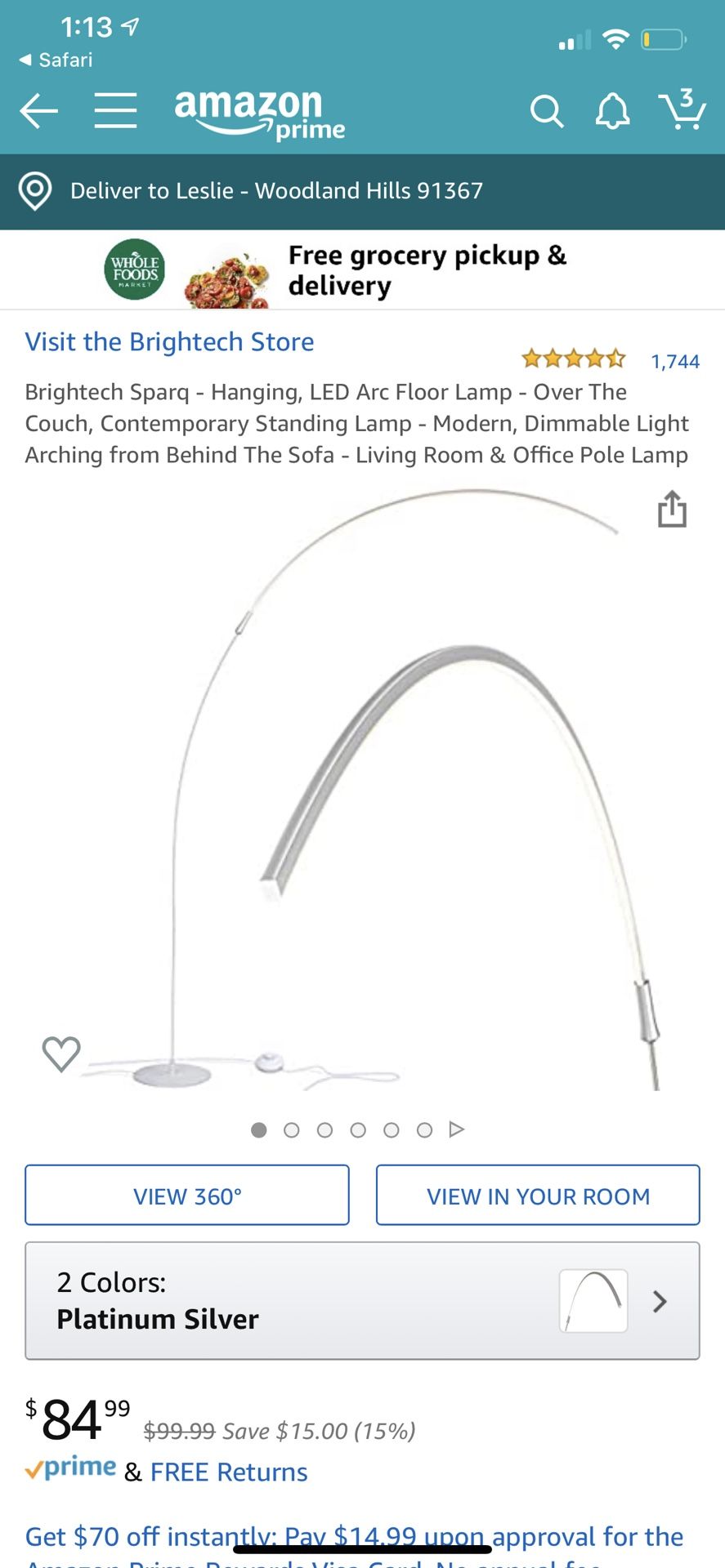 Brightech Sparq - Hanging, LED Arc Floor Lamp - Over The Couch, Contemporary Standing Lamp - Modern, Dimmable Light Arching from Behind The Sofa - Li