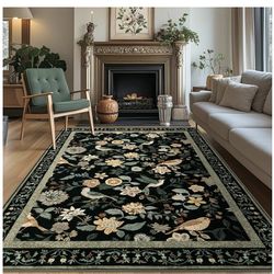 Floral Washable 8x10 Area Rugs for Living Room, Boho Birds Black Beige Large Bedroom Rug Soft Non-Slip Vintage Dining Room Rug, Low Pile Botanical Flo