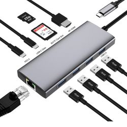 USB C HUB Dongle, 10-in-1 USB C Adapter Docking Station with 4K HDMI, Type C PD, USB C Data, USB3.0, RJ45 Ethernet, SD/TF Card Reader, Other Type C La