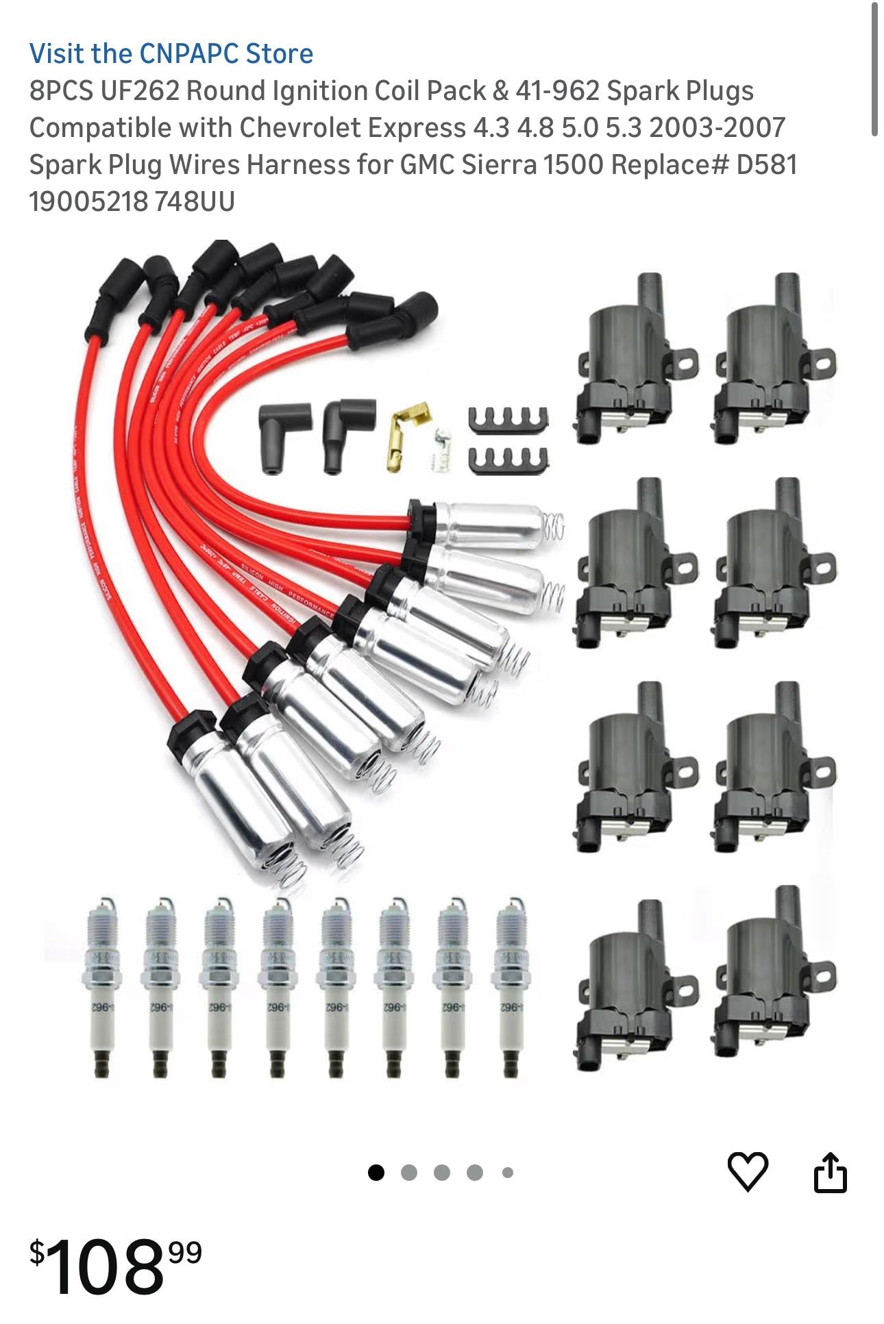 8PCS UF262 Round Ignition Coil Pack & 41-962 Spark Plugs Compatible with Chevrolet Express 4.3 4.8 5.0 5.3 2003-2007 Spark Plug Wires Harness for GMC 