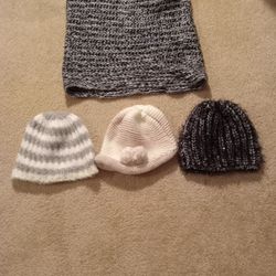 3 Womens Knit Hats & 1 Scarf Like New