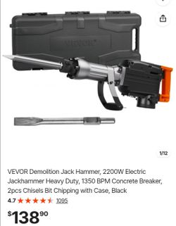 VEVOR Demolition Jack Hammer, 2200W Electric Jackhammer Heavy Duty, 1350 BPM Concrete Breaker, 2pcs Chisels Bit Chipping with Case, Black