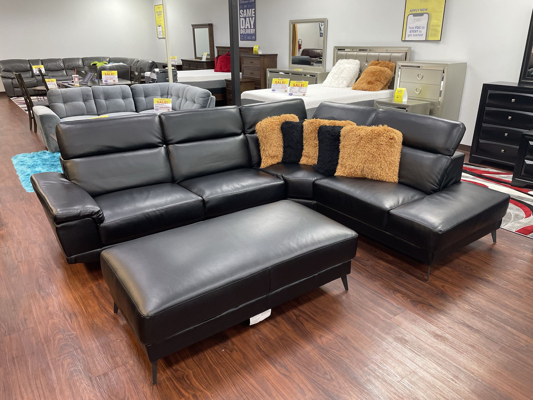 Black Leather Sectional With Ottoman ** Same Day Delivery ** $50 Down Easy Financing!!