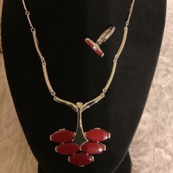Silver Necklace With Pendant 20”And Matching Ring,by Sarah Cov 