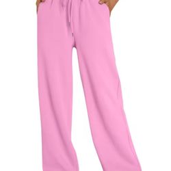 Women’s Wide Leg Lounge Pants – High Waist Drawstring Sweatpants (Pink)