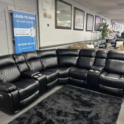 Black Leather Sofa Sectional w/ Power Motion Recliners 