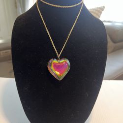 Chunky Glass Rainbow Heart Pendant with Silver Tone Chain 15.5”